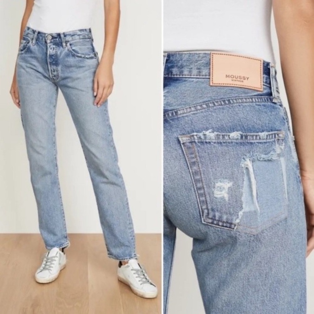 Moussy Vintage Jeans Womens 26 Norwalk Straight Leg Raw Edge Hem Patch Denim